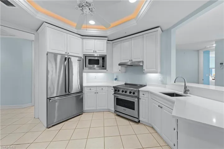Kitchen featuring appliances with stainless steel finishes, under cabinet range hood, a sink, a raised ceiling, and light countertops