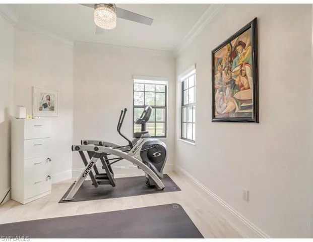 Workout area featuring crown molding and light wood finished floors