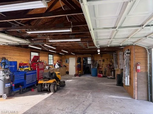 Garage with wooden walls