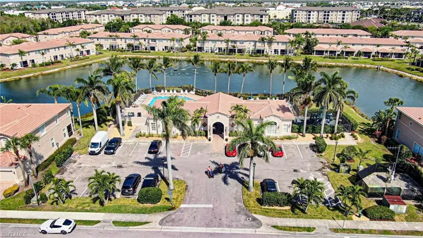 Aerial of community clubhouse entrance and parking