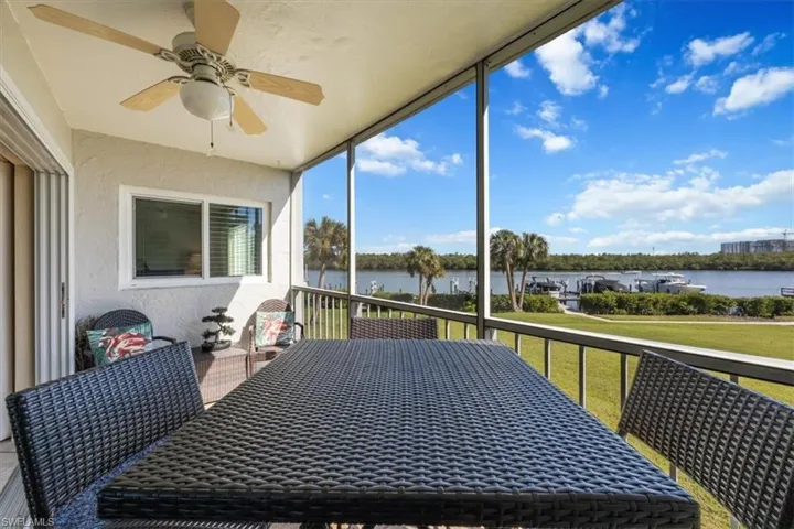 Screened Lanai with a ceiling fan and a water view