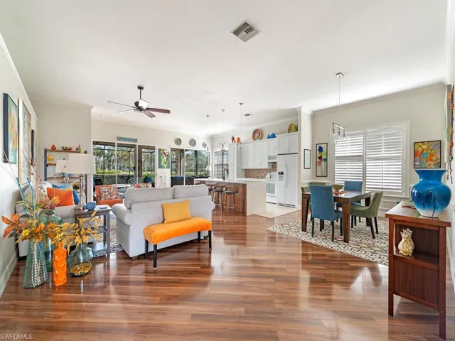 Expansive great room with dining area and kitchen