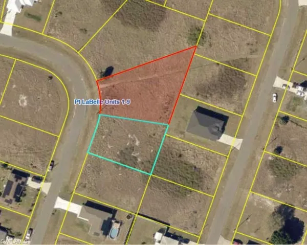 Aerial overview of property's location with property parcel outlined