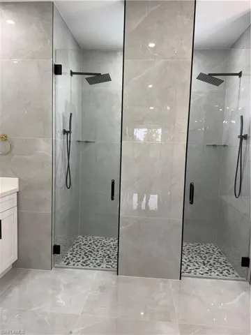 Full bathroom with vanity and a stall shower