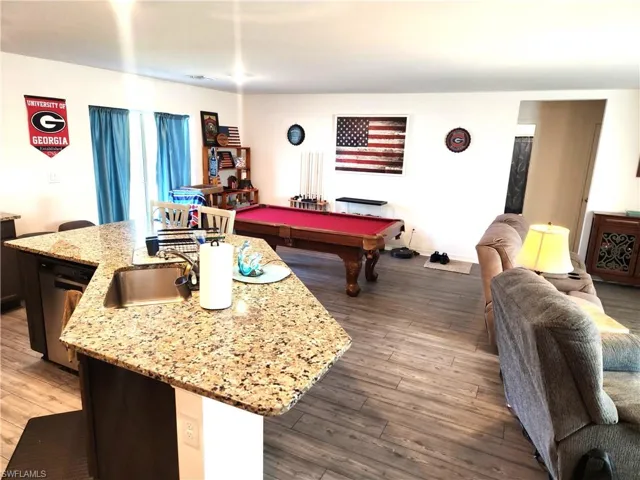 Game room with sink, dark wood-type flooring, and billiards