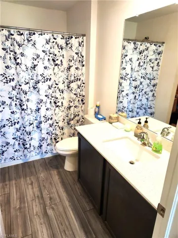 Bathroom with wood-type flooring, vanity, and toilet