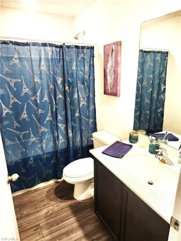 Bathroom with vanity, hardwood / wood-style flooring, toilet, and curtained shower