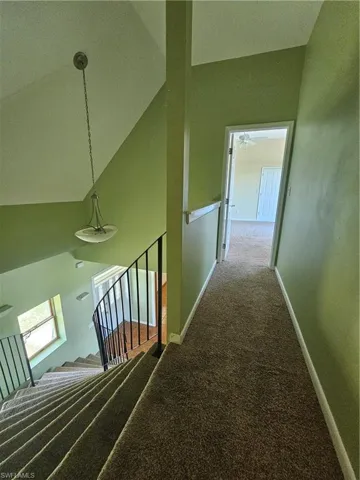Stairway featuring carpet floors, ceiling fan, and high vaulted ceiling
