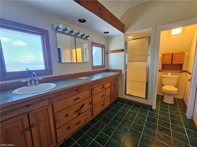 Bathroom featuring vanity, toilet, a shower with door, and tile patterned floors