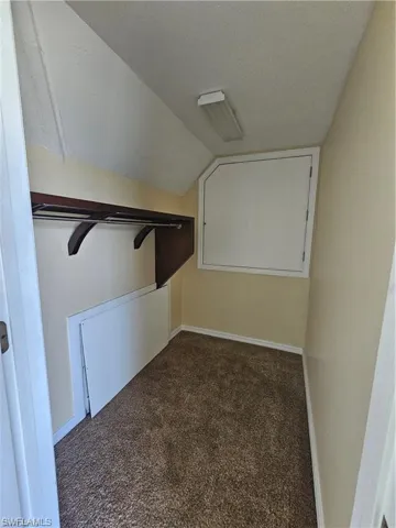 Spacious closet with dark carpet and lofted ceiling