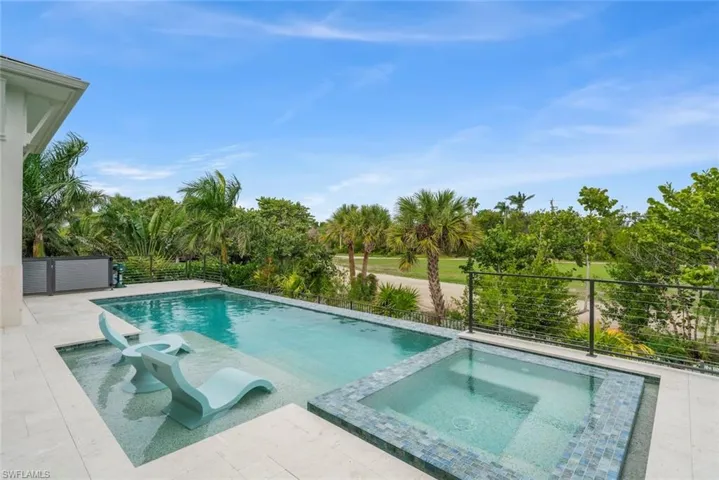 Sleek pool design with spa overlooking serene green views.