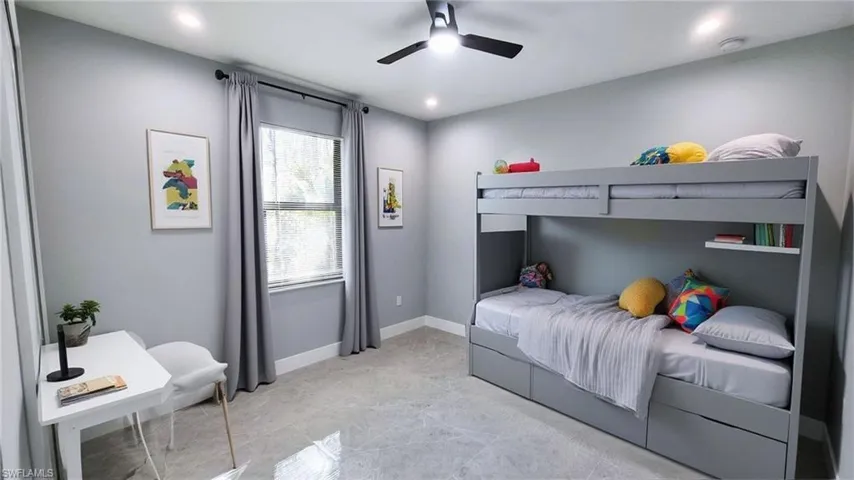 Virtual staging. Bedroom featuring ceiling fan and recessed lighting