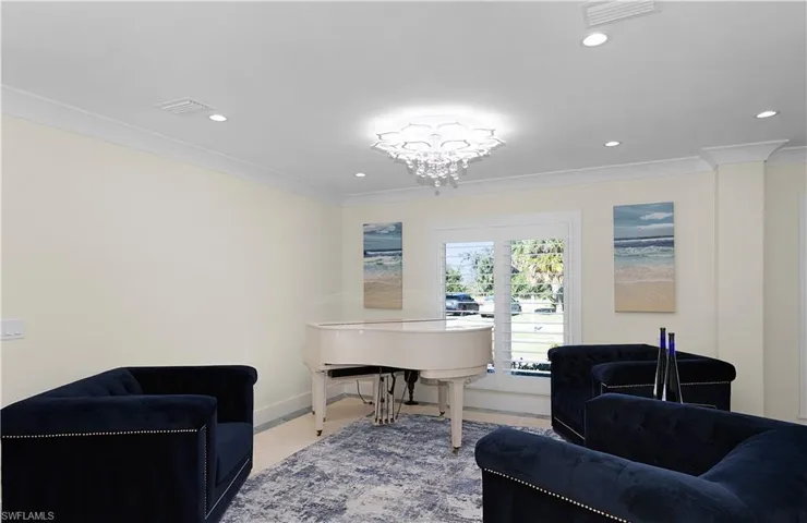 Office with baseboards, ornamental molding, visible vents, and recessed lighting