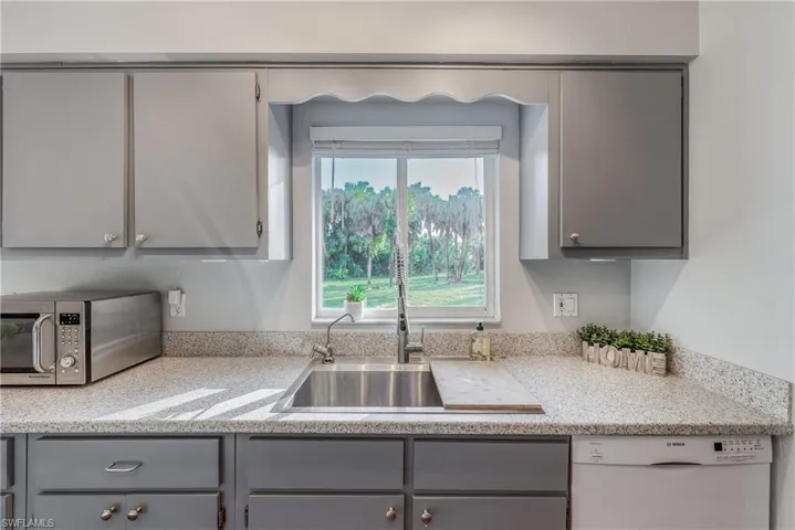 Kitchen featuring dishwasher, sink, and gray cabinetry