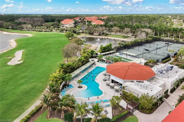 Bird's eye view of a large body of water and a pool