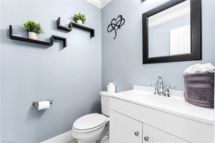 Bathroom featuring vanity and crown molding