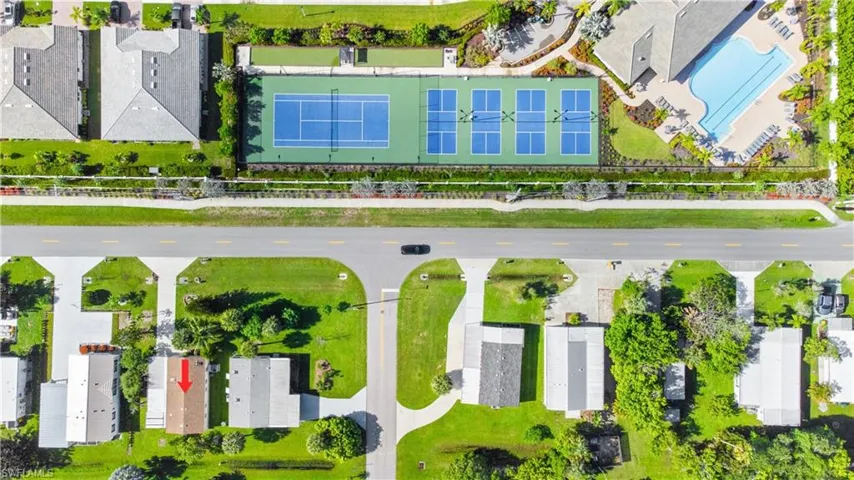 Drone / aerial view of a pool area