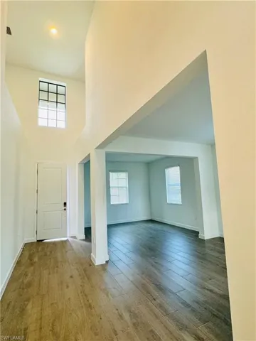 Entrance foyer featuring a towering ceiling and wood finished floors