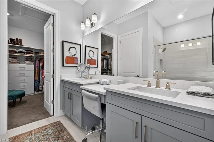 Bathroom featuring a walk in closet, a stall shower, and double vanity