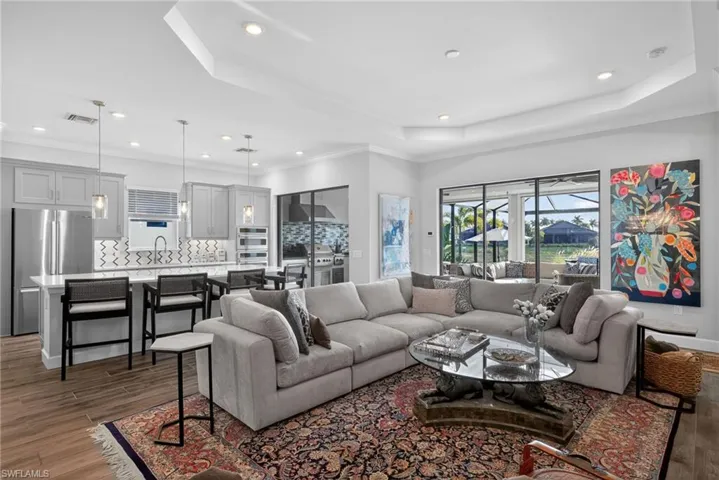 Living room featuring dark wood finished floors, healthy amount of natural light, and recessed lighting