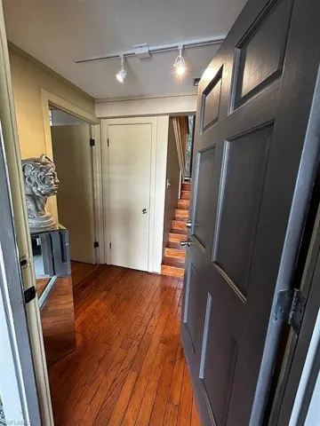 Foyer featuring rail lighting, stairway, and wood finished floors