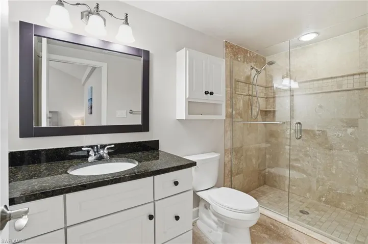 Full bath featuring vanity and a stall shower