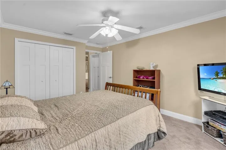 Carpeted bedroom with ceiling fan, a closet, and crown molding