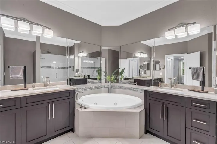 Bathroom featuring ornamental molding, vanity, and independent shower and bath