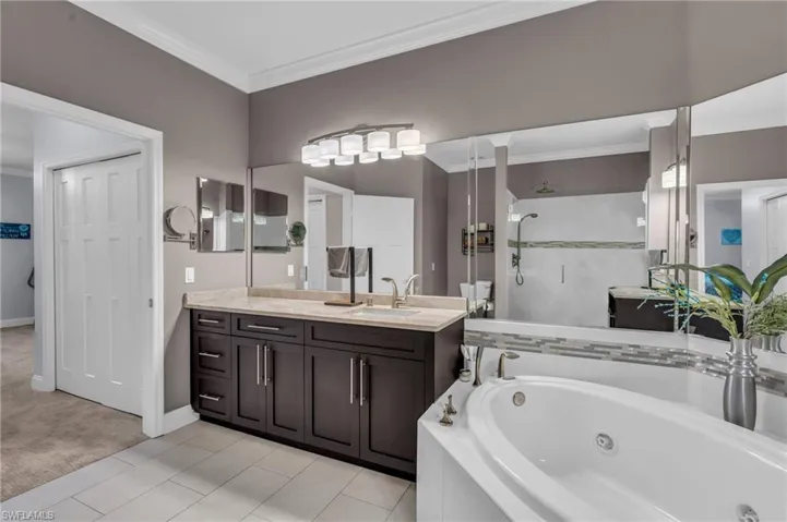 Bathroom featuring tile patterned floors, crown molding, vanity, and shower with separate bathtub