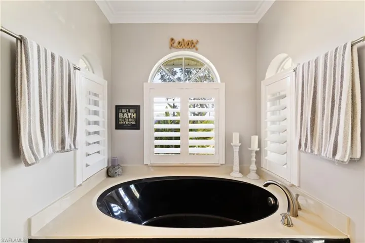 Bathroom featuring a bathing tub and crown molding
