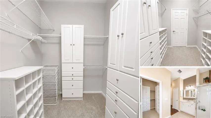 Custom closet system featuring white cabinetry, wire shelving, modular storage compartments, and carpet flooring