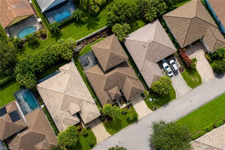 Aerial perspective showcasing multiple properties with tiled roofs