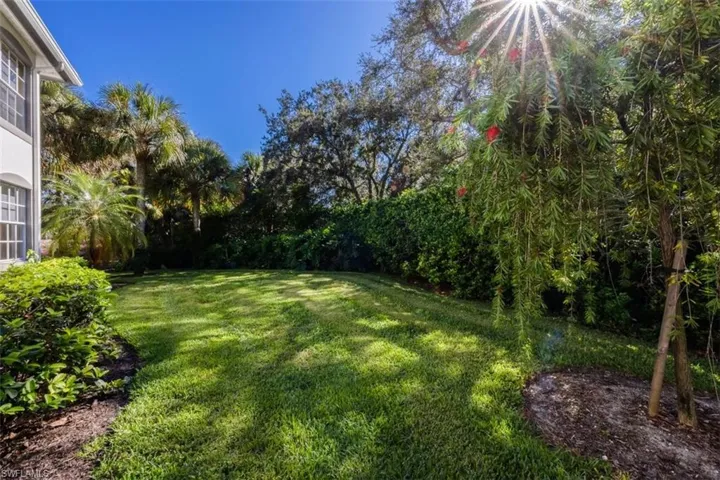 View of grassy yard with view of wooded area