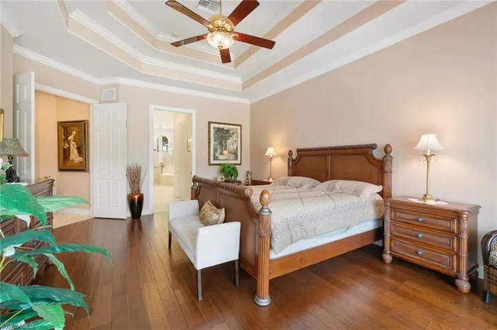 Bedroom with dark wood-style floors, visible vents, and a raised ceiling