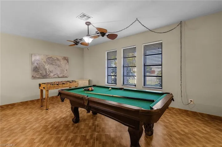 Rec room featuring ceiling fan and pool table