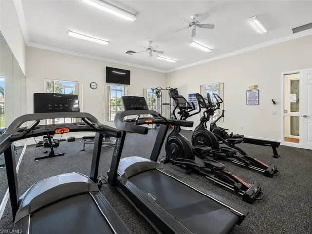 Fitness room with multiple cardio machines, mirrored walls, recessed lighting, and ceiling fans