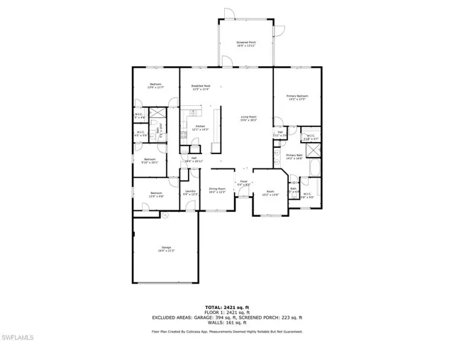 Huge Great Room is 30'x15'10" and leads to the 12'x12' breakfast area as well as access to the enclosed lanai and spacious patio in the fully fenced-in backyard.