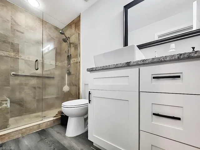 Full bathroom with a stall shower, dark wood finished floors, and vanity