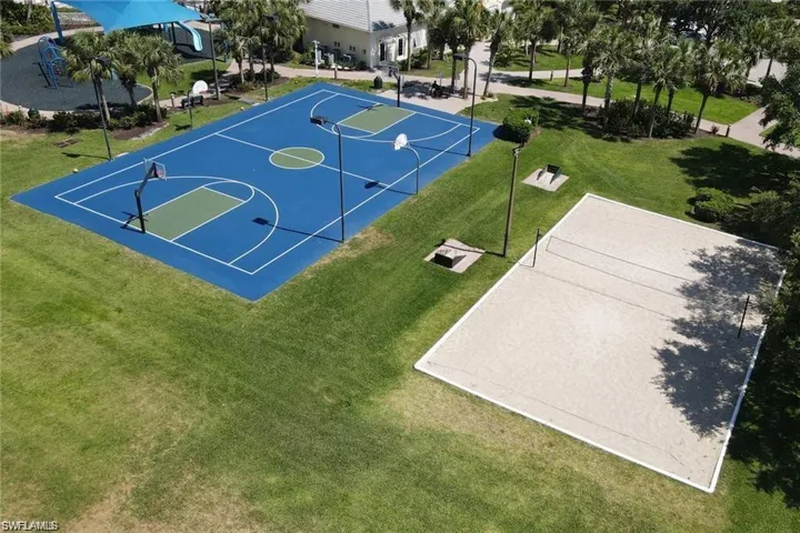 View of sport court with a lawn
