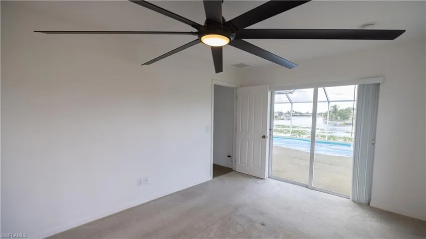 Master bedroom pool view and ceiling fan