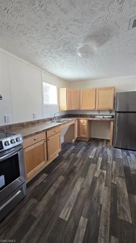 Kitchen featuring light wood finish cabinets, stainless steel appliances, a textured ceiling, dark wood-style flooring, and dark countertops