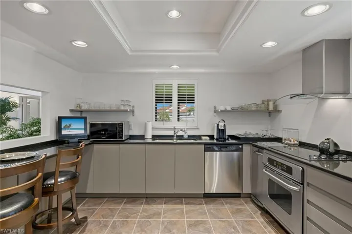 Kitchen with sink, wall chimney range hood, gray cabinets, stainless steel appliances, and a raised ceiling