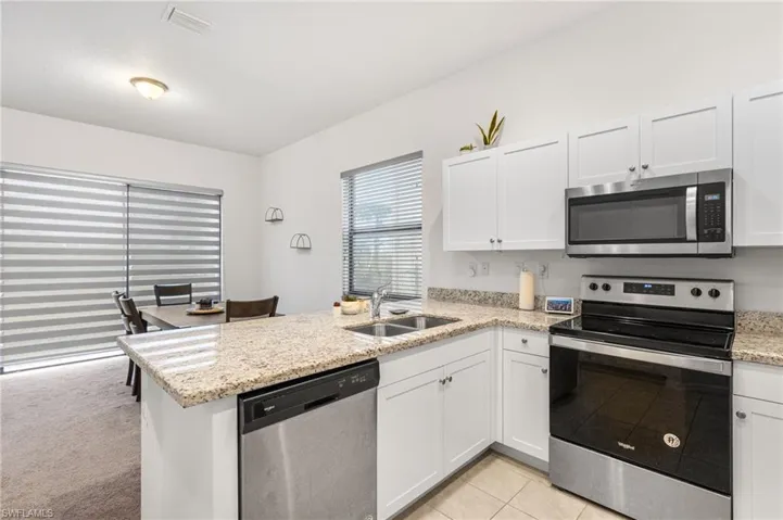 Kitchen with white cabinetry, appliances with stainless steel finishes, sink, and kitchen peninsula