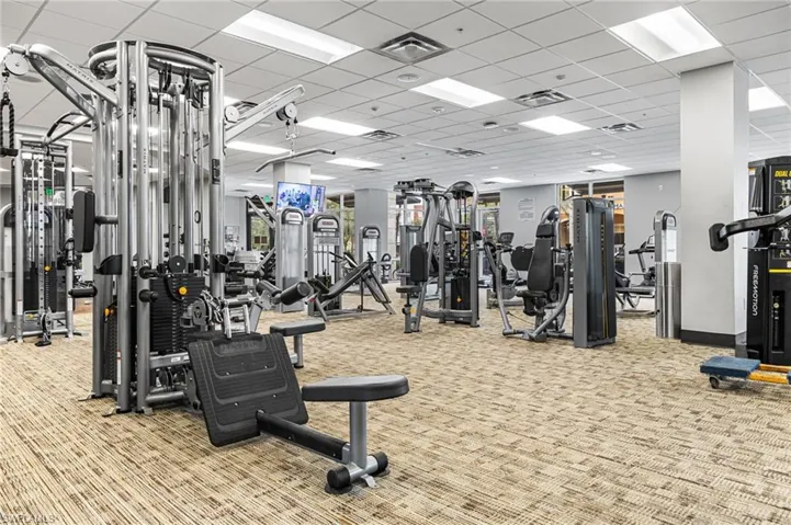 Workout area with carpet flooring and a paneled ceiling