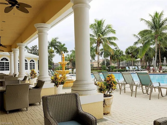 View of patio / terrace with a ceiling fan, a community pool, and outdoor dining area