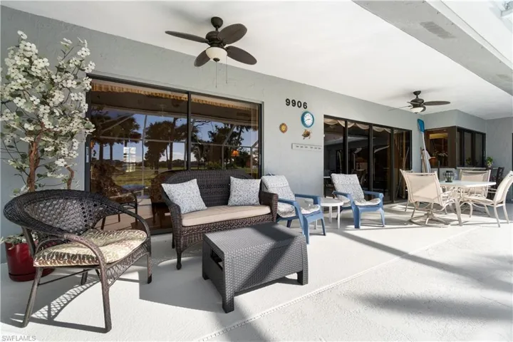 View of patio with ceiling fan