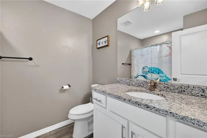 Bathroom with vanity, a shower with curtain, and dark wood-style floors