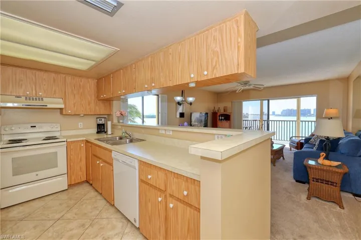 Kitchen featuring kitchen peninsula, white appliances, a healthy amount of sunlight, and sink