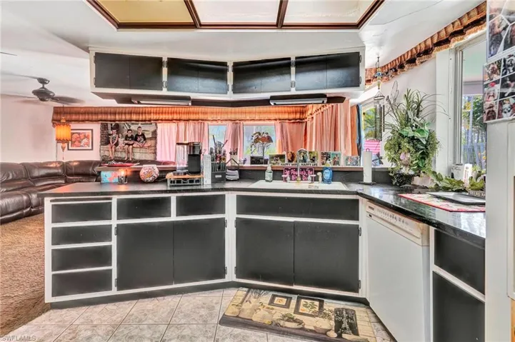 Kitchen with white dishwasher, sink, ceiling fan, and light colored carpet