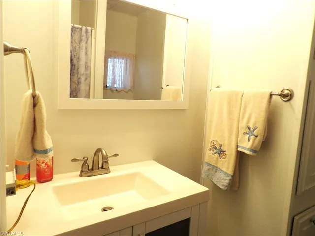 Full bathroom with vanity and a shower with curtain